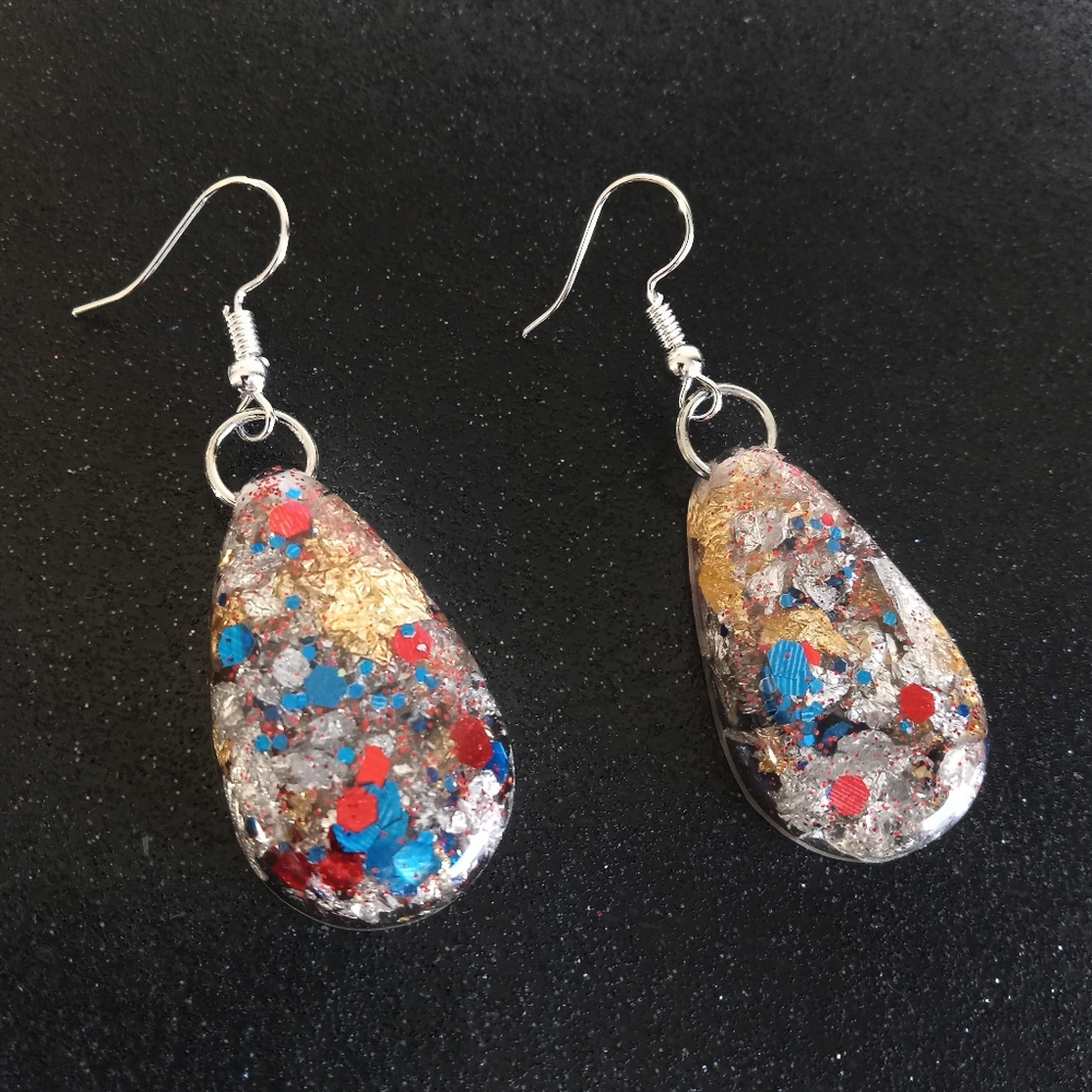 Multicolored Holiday glitter teardrop dangle earrings new resin handmade New